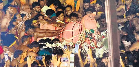 Lord Balabhadra slipping on charamala at Gundicha temple on Tuesday 