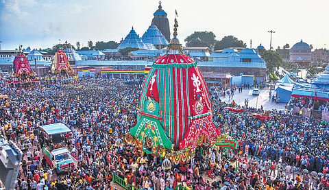A sea of devotees descend on the Grand Road in Puri to pull the chariots of the Holy Trinity during Rath Yatra, on Sunday | DEBADATTA MALLICK