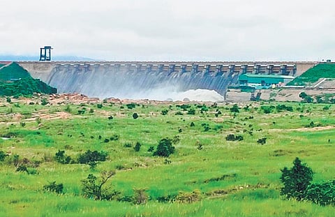 The first floodwater of the season being released from Hirakud dam on Sunday 