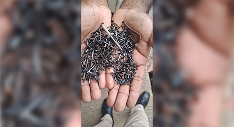 Nearly 500 grams of nails were found strewn under the Kuvempu Circle underpass on the Hebbal-Goraguntepalya Outer Ring Road. 