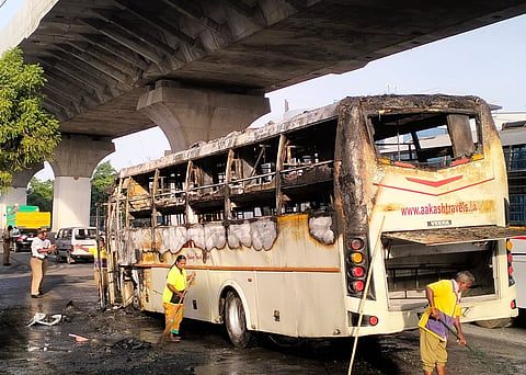 A private omni bus travelling from Thiruvannamalai to Coimbatore caught fire while proceeding on the Avinashi Road in Coimbatore 