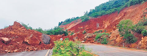 The stretch of National HIghway-66 was blocked after a massive landslide at Shirur near Ankola 