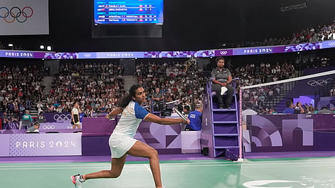 PV Sindhu during her first match of the Paris Olympics against Maldives' Fathimath Nabaaha Abdul Razzaq