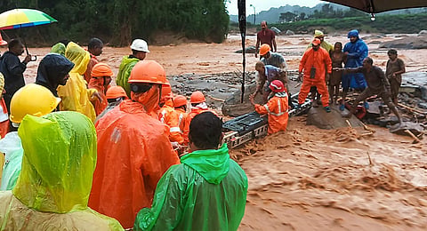 National Disaster Response Force (NDRF) personnel conducted a rescue operation after huge landslides in the hilly areas near Meppadi, in Wayanad district.
