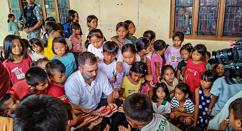 Congress MP Rahul Gandhi during his visit to Churachandpur relief camp, in Manipur, Monday, July 8, 2024. 