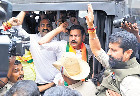 Police detain state BJP president BY Vijayendra, MLC CT Ravi and others after they tried to lay siege to the residence of CM Siddaramaiah, in Bengaluru on Wednesday 