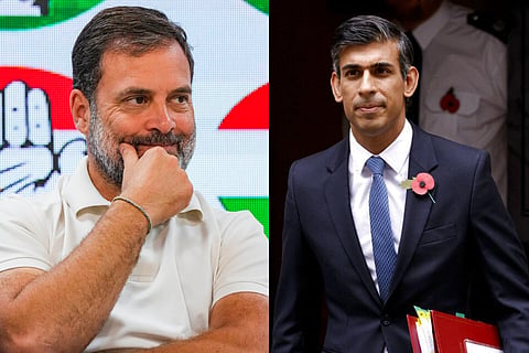Leader of Opposition in the Lok Sabha Rahul Gandhi(L), former UK Prime Minister Rishi Sunak.