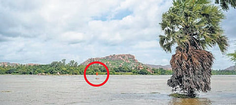 Purandara Mantapa (circled) in Hampi submerged following heavy discharge of water from Tungabhadra dam on Tuesday