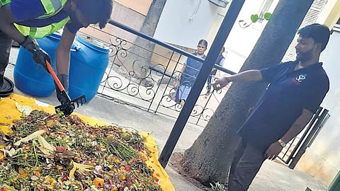 The housekeeping staff collect biodegrable wet waste. 