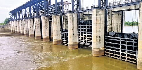 Gates of the Babli project, located in Nanded of Maharashtra, are lifted to allow water to flow into Sriramsagar Project in Nizamabad