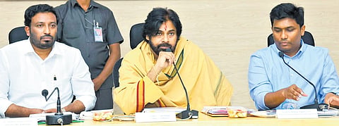 Deputy Chief Minister Pawan Kalyan speaks at a review meeting at the Collectorate in Kakinada on Tuesday