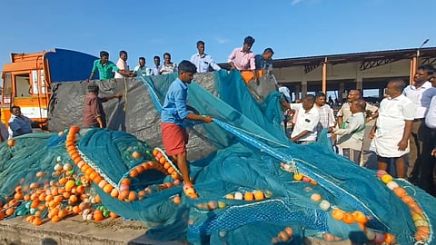 The purse seine fishing nets seized at Poompuhar fishing harbour