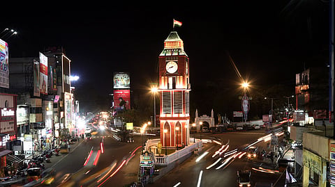 Illuminated clock tower at Jagadamba Junction in Visakhapatnam