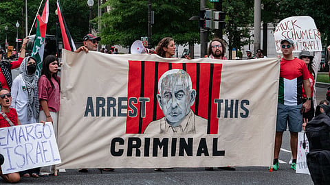 Pro-Palestinian demonstrators protest near the US Capitol as Israeli Prime Minister Benjamin Netanyahu addresses a joint meeting of Congress on July 24, 2024, in Washington.