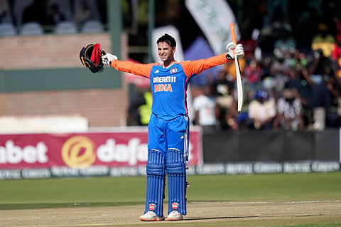 Abishek Sharma celebrates after scoring 100 runs during the T20 cricket between Zimbabwe and India at Harare Sports club, on July 7,2024. 