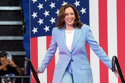  Vice President Kamala Harris arrives to speak during a campaign rally, July 30, 2024, in Atlanta. Harris, the daughter of immigrants who rose through the California political and law enforcement ranks to become the first female vice president in U.S. history, is poised to secure the Democratic Party's presidential nomination Monday, Aug. 5, 2024