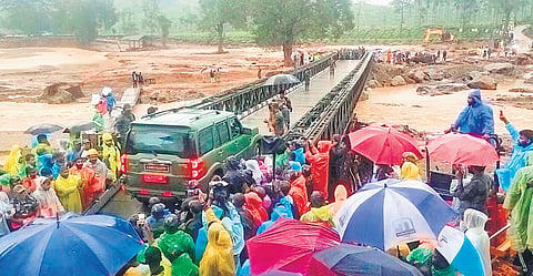 An Army vehicle passes through the Bailey bridge constructed at Chooralmala on Thursday 