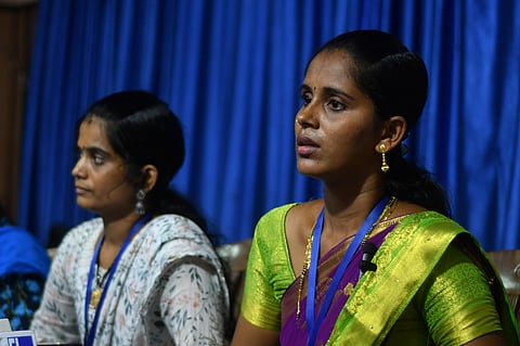 Vimukthi, a State-level forum of sex workers and survivors of human trafficking President M Apoorva addressing the media during the press conference