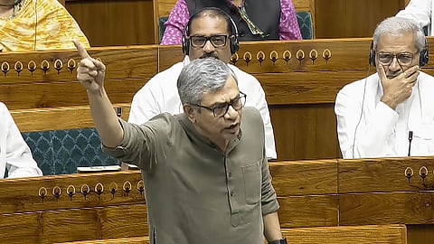 Union Railway Minister Ashwini Vaishnaw speaks in the Lok Sabha during the Monsoon session of Parliament, in New Delhi.