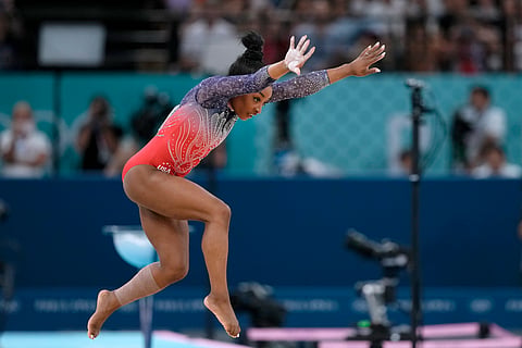 Simone Biles, of the United States, competes during the women's artistic gymnastics individual floor finals at Bercy Arena at the 2024 Summer Olympics, Monday, Aug. 5, 2024, in Paris, France. 