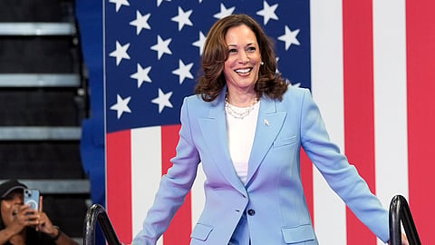  Vice President Kamala Harris arrives to speak during a campaign rally.