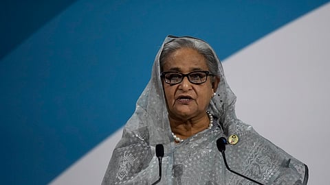 Then Prime Minister of Bangladesh Sheikh Hasina delivers a speech during the Paris Peace Forum, in Paris, Thursday, Nov. 11, 2021.