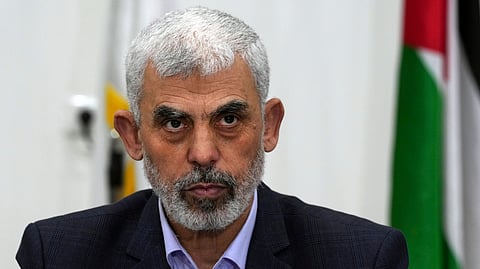 Yahya Sinwar chairs a meeting with leaders of Palestinian factions at his office in Gaza City, April 13, 2022.