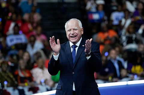 Democratic vice presidential nominee Minnesota Gov. Tim Walz appears with Democratic presidential nominee Vice President Kamala Harris at a campaign rally in Philadelphia, Tuesday, Aug. 6, 2024. 