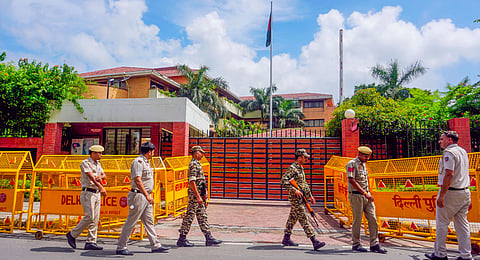 Security has also been tightened outside the Bangladesh High Commission in New Delhi (Photo | PTI)