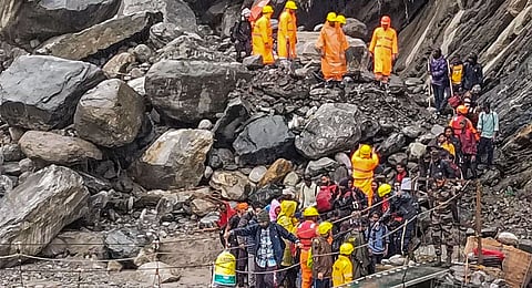 Search and rescue operation underway for pilgrims stranded on the rain-ravaged trek route to Kedarnath, in Rudraprayag district, Tuesday, Aug. 6, 2024. 