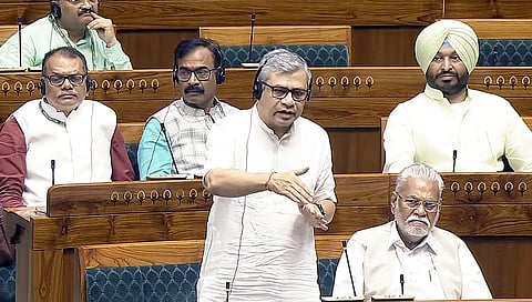 Union Railway Minister Ashwini Vaishnaw speaks in the Lok Sabha during the Monsoon Session of Parliament, in New Delhi on Wednesday.