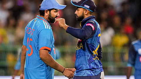 Indian captain Rohit Sharma at the end of the third ODI cricket match between India and Sri Lanka, at the R. Premadasa International Cricket Stadium, in Colombo, Wednesday, Aug. 7, 2024. 