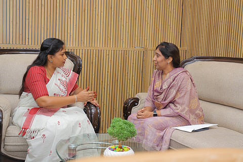 YS Sunitha met Home Minister Vangalapudi Anita in Secretariat on Wednesday. 