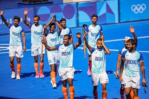 Indian players celebrate after winning the men's hockey bronze medal match against Spain at the 2024 Summer Olympics, in Colombes, France, Thursday, Aug. 8, 2024.