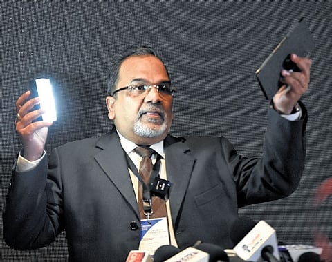Kannappan Chettiar, CEO of Switching Battery Inc, speaks about solar batteries in Chennai on Friday 