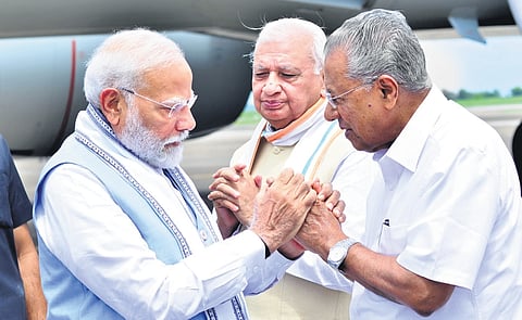 Chief Minister Pinararyi Vijayan welcoming Prime Minister Narendra Modi 