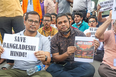 Dhaka: Bangladesh Hindu community members participate in a protest and block the Shahbagh intersection in Dhaka, Bangladesh, on August 10, 2024.