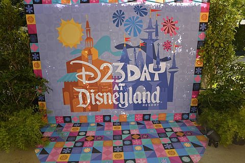 Displays and signage are seen during the D23 Day Influencer Meet Up at Disney California Adventure Park