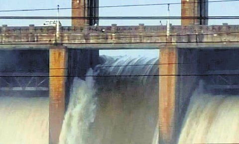 Another view of the Tungabhadra dam, where crest gate no 19 was 
washed away after its chain link cut off on Sunday morning 