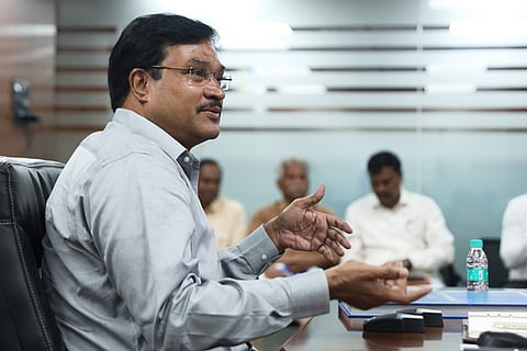 HYDRAA Commissioner AV Ranganath speaks during a press meet at Buddha Bhavan in Hyderabad. 