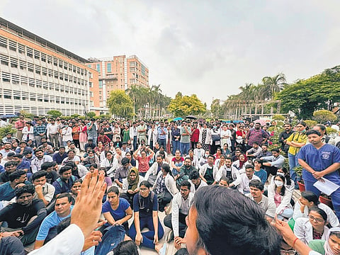 Medicos stage a protest against the sexual assault and murder of a postgraduate trainee doctor in Kolkata, at AIIMS, in New Delhi, on Monday 