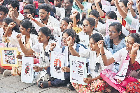 Members of resident doctor association protesting at Rajiv Gandhi Government General Hospital on Tuesday 