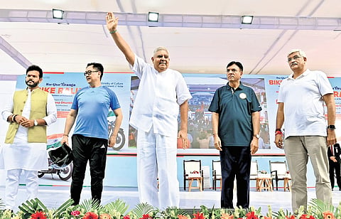 Vice-President Jagdeep Dhankhar with Union Ministers during the flagging off of ‘Har Ghar Tiranga’ bike rally at Bharat Mandapam in New Delhi on Sunday | pti