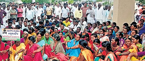 Farmers protest outside the collector’s office in Nirmal district against the 
 proposed ethanol factory in Adilabad
