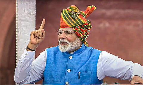 Prime Minister Narendra Modi addresses the nation from the Red Fort on 78th Independence Day, in New Delhi, Thursday, Aug. 15, 2024.