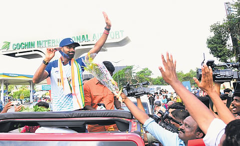 Hockey player P R Sreejesh was accorded a hero’s welcome when he reached Kochi on Friday after his successful Olympics campaign in Paris 