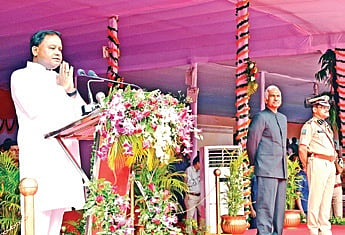 Chief Minister Mohan Charan Majhi delivering his speech on Independence day. 