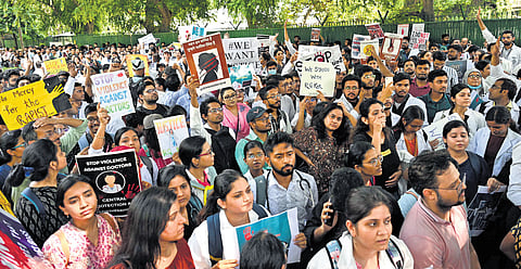 Doctors, healthcare workers gather outside Nirman Bhavan to demand justice, safer workplaces 