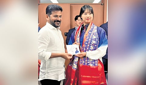 Revanth Reddy felicitates archer Lim Si-hyeon, winner of three gold medals in Paris Olympics, during his visit to South Korea 