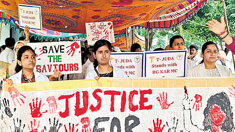 Telangana JUDA take part in a protest in Hyderabad seeking justice to the RG Kar Medical College crime in Kolkata